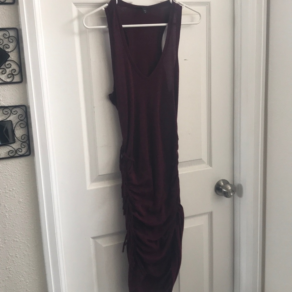 maroon tank top dress. Fringe along one side